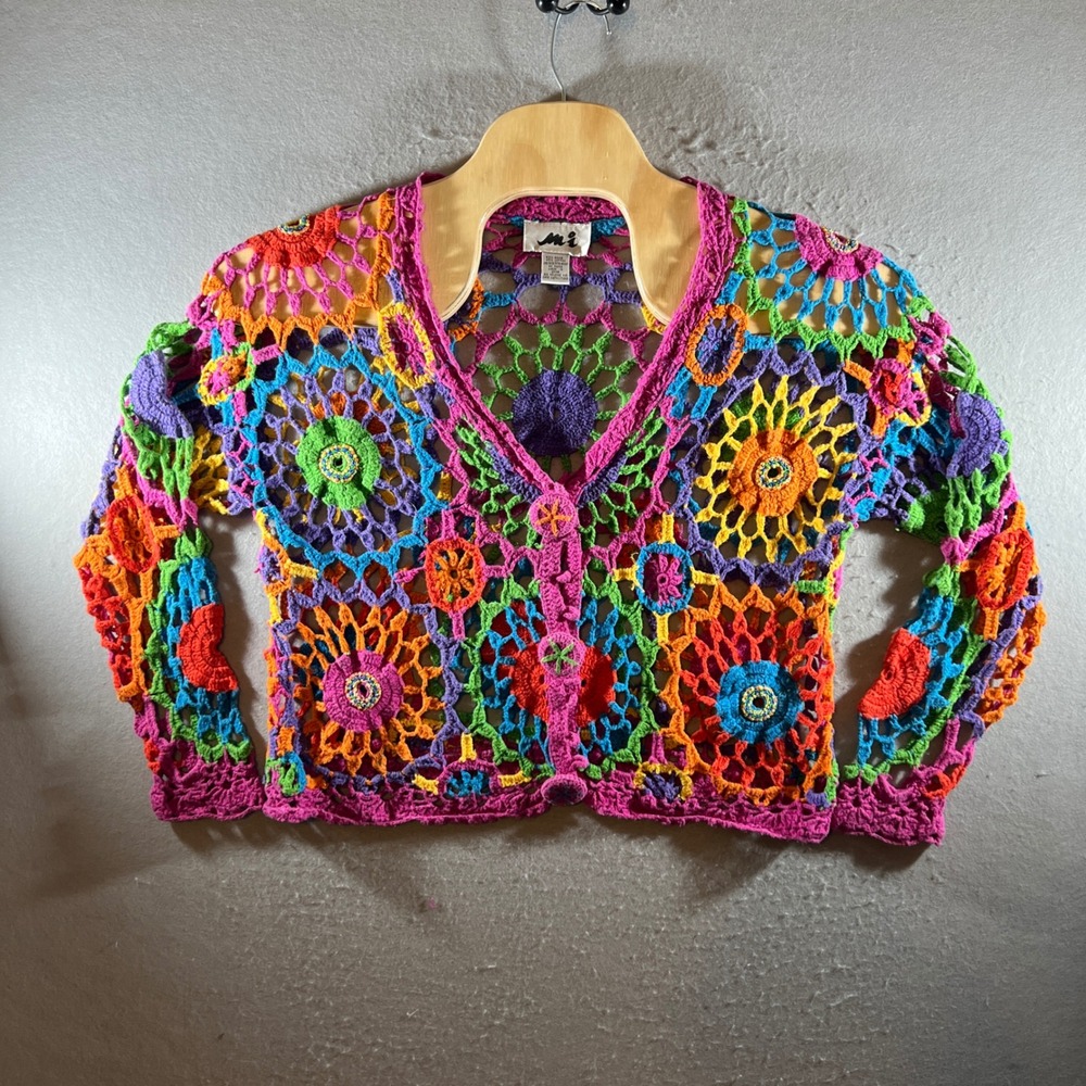 1312 |‎ Rare Vintage Rainbow Floral Crochet Boho Knit Cardigan Sweater Multi OS